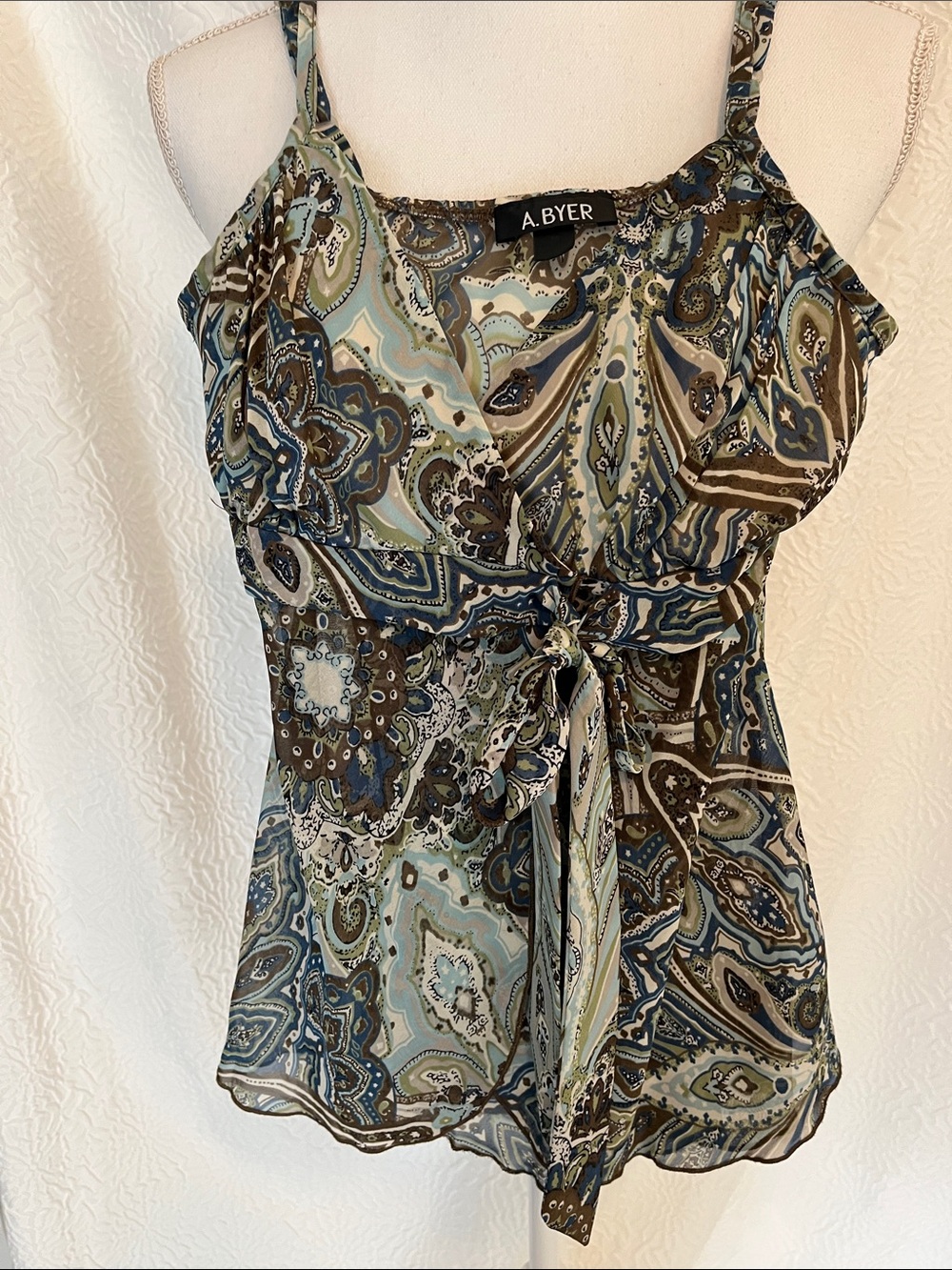 A. Byer Blue Green Paisley Tie-Front Spaghetti Strap Cami